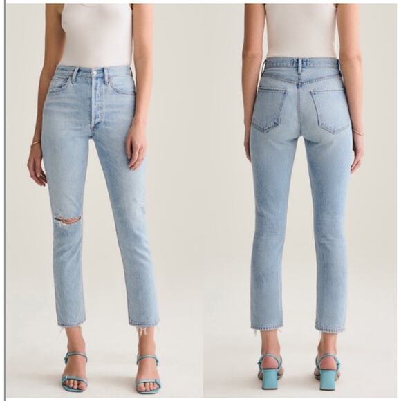 AGOLDE Riley High Rise Straight Distressed Crop Jeans Light Wash | Size 25 - Picture 1 of 8